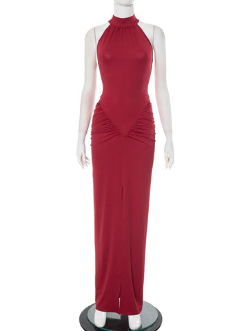 Mozision Halter Gerimpelde Mouwloze Sexy Maxi-jurk voor Vrouwen - Modieuze Slanke Hoge Taille Avond Club Party Split Lange Jurk 