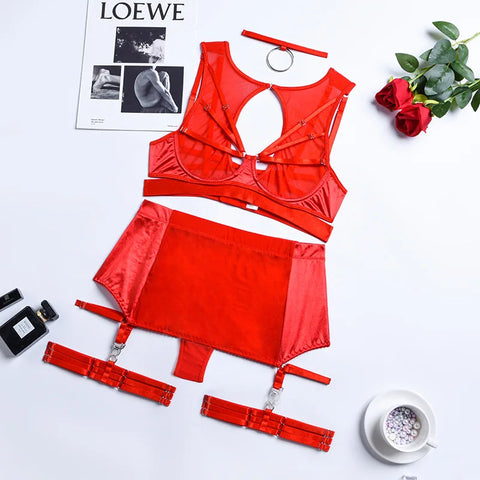 5-Piece Black and Red Mesh Lingerie Set with Choker – Gothic Sexy Sleepwear