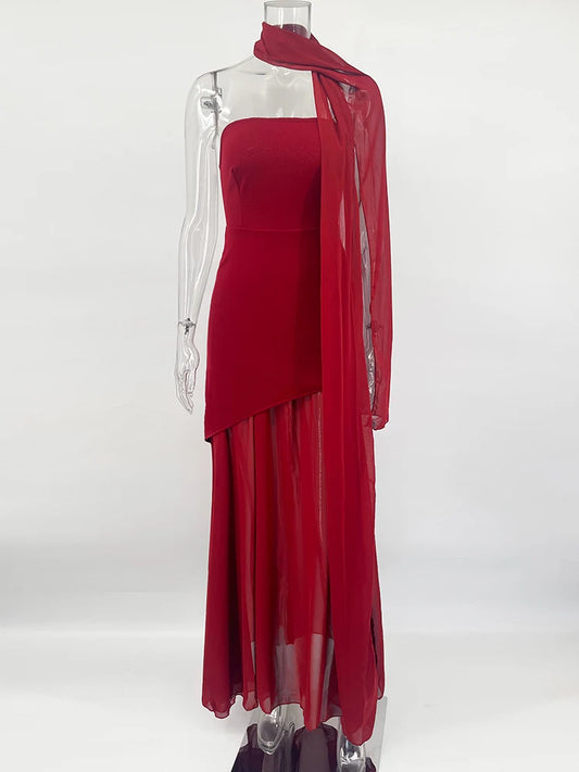 TARUXY Strapless Slit Long Dress With Ribbon - Elegant Beach Vacation Dress for Women