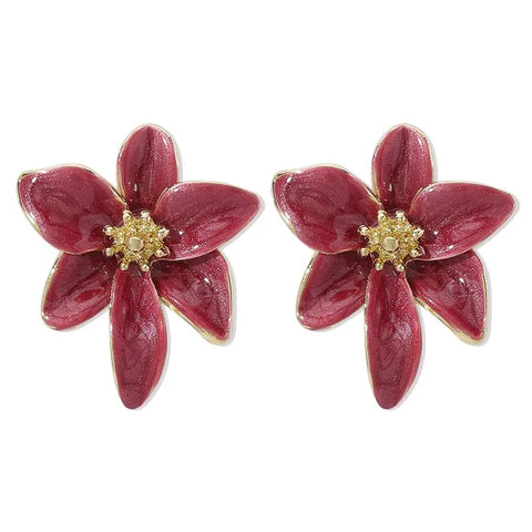 Vintage Red Enamel Flower Stud Earrings - Sweet Dripping Oil Style for Women