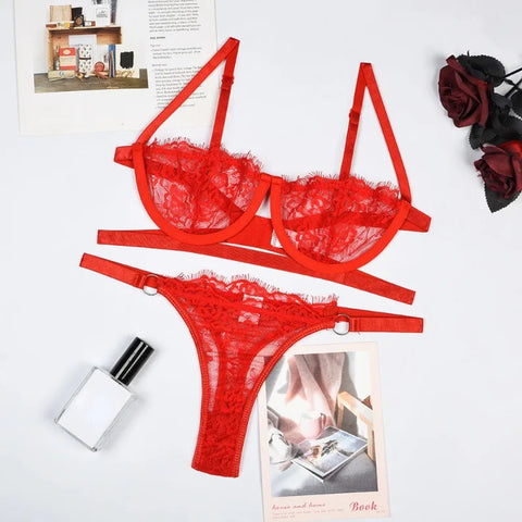 Sexy Lace Transparent Underwear Set with Fairy Embroidery - Delicate Bra and Briefs Kit