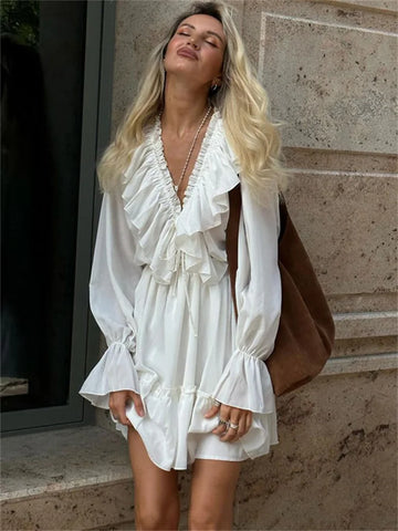 Tossy Ruffled V-hals witte mini-jurk - Elegante lange mouwen veterjurk voor vrouwen