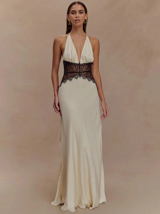Mozision Summer Backless Sexy Maxi Dress for Women - Elegant Patchwork Lace Halter Deep V Neck Gown