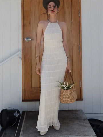 Tossy Dames Lente Mode Patchwork Maxi Jurk - Vetersluiting Rugloze Hoge Taille Effen Strandjurk 2025