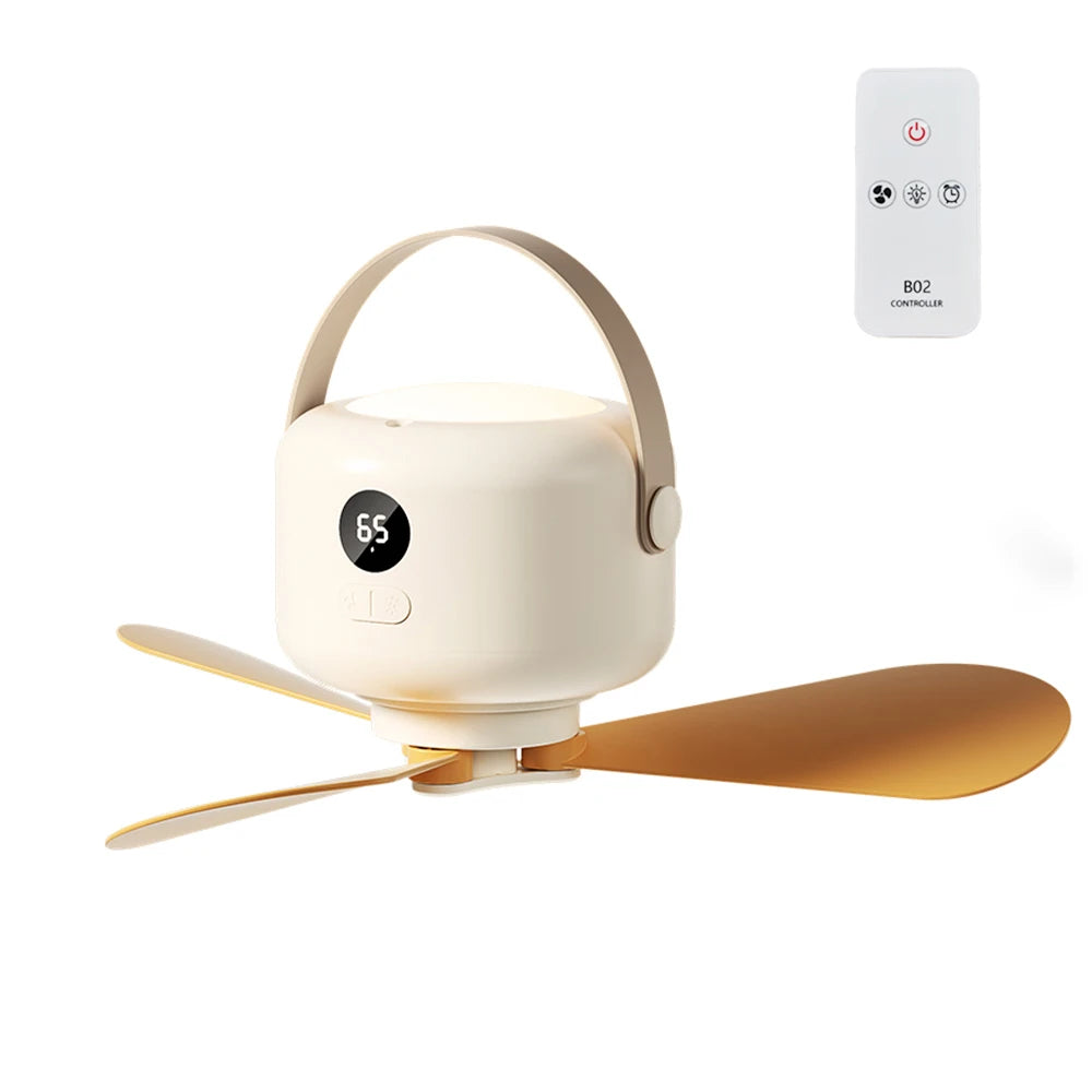 Portable Ceiling Fan for Camping, Rechargeable 7200 mAh, Remote Control, LED Light
