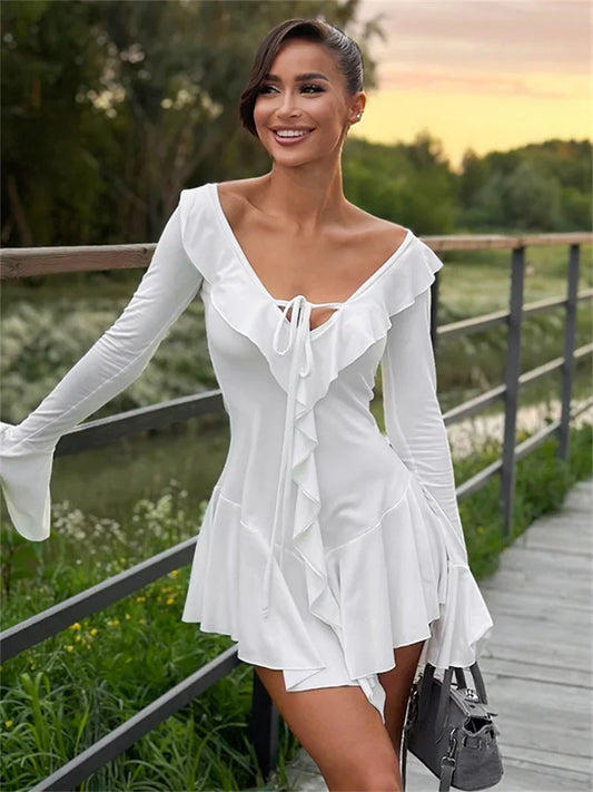 Elegant White Ruffled Lace-Up Mini Dress for Women - V-Neck, Long Sleeve, Sexy Slim Fit Summer Dress