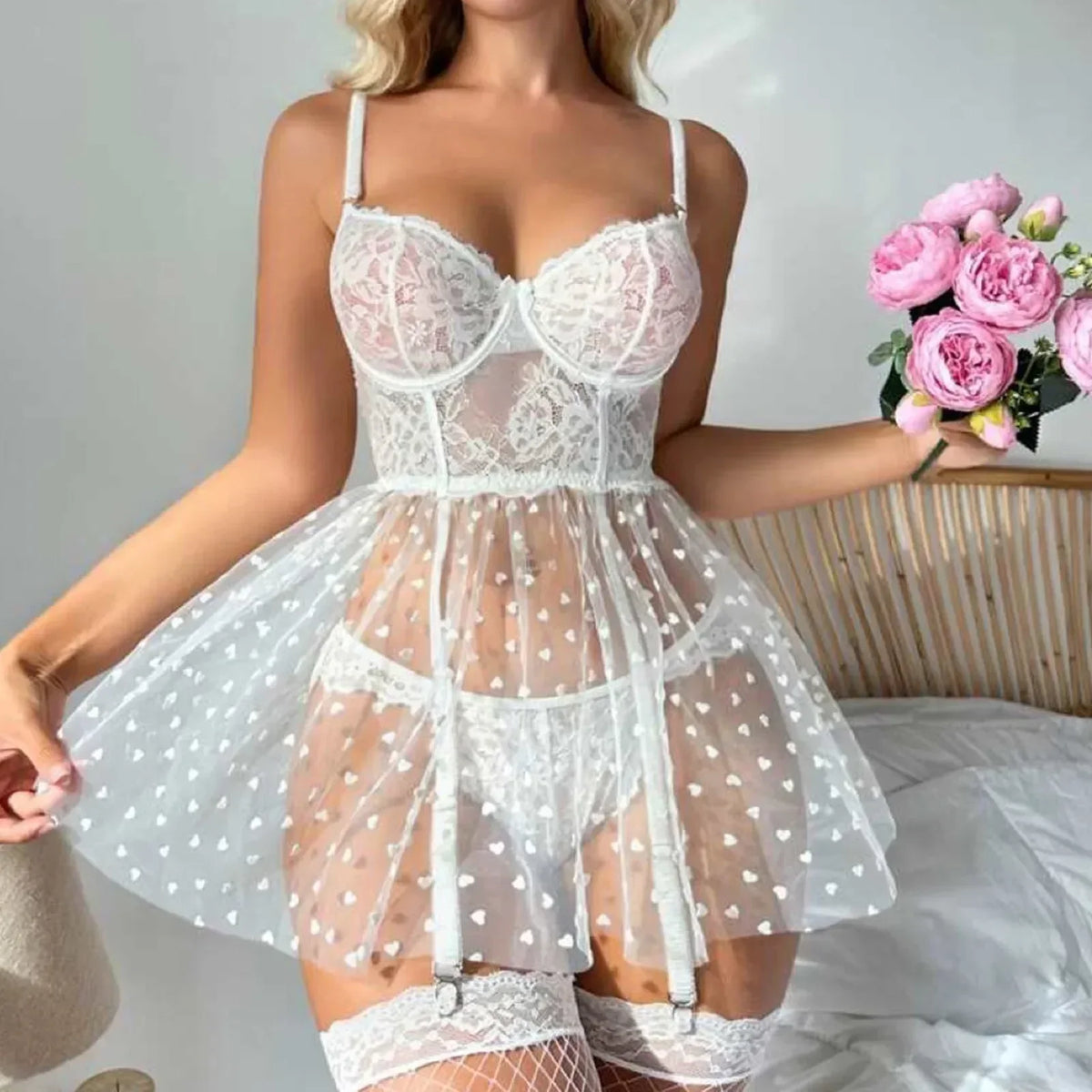 Elegant Mesh Lace Transparent Lingerie Dress for Women - Erotic Underwear Teddy Babydoll Bra Thongs Garter Sets