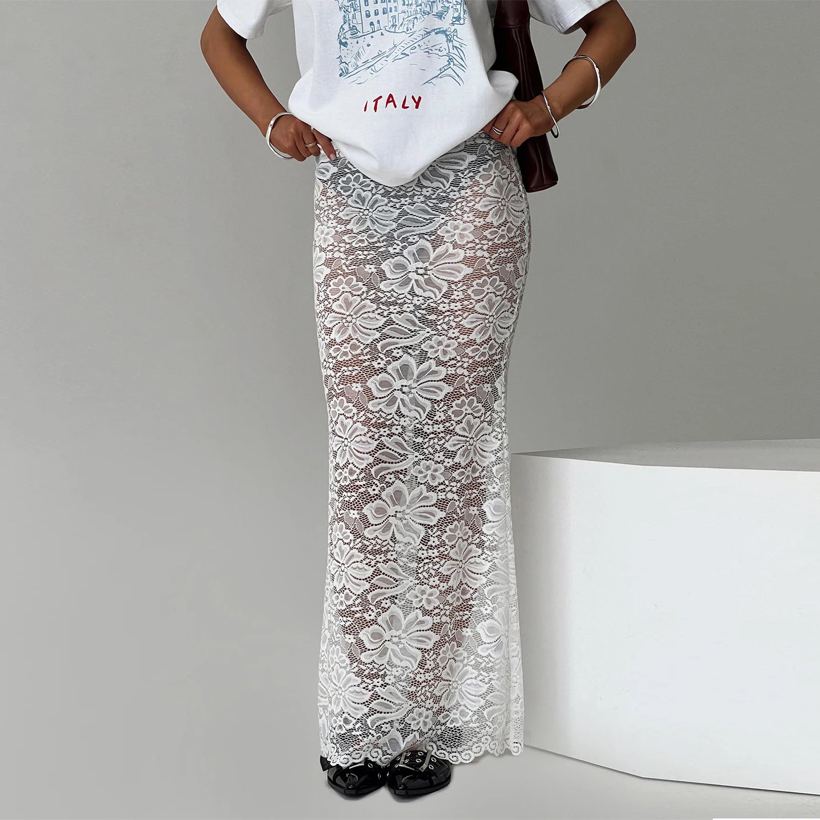 Hirigin Women Lace Long Skirts - Y2K Sheer Maxi Fishtail Beach Cover-Up