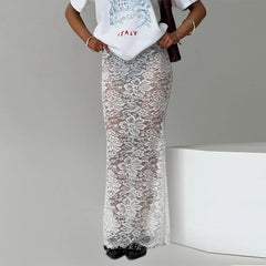 Hirigin Women Lace Long Skirts - Y2K Sheer Maxi Fishtail Beach Cover-Up