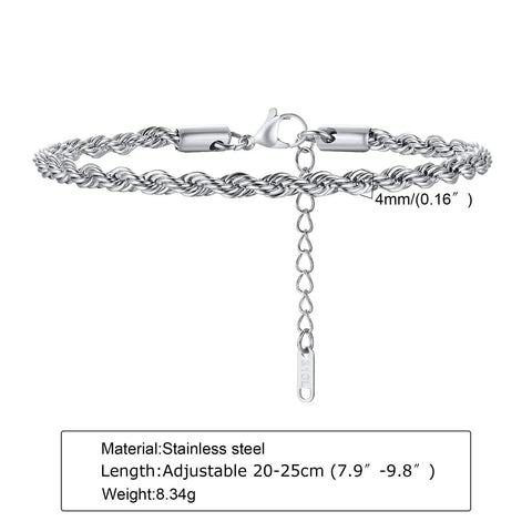 2-5MM Stainless Steel Rope Bracelets for Men Boys - Adjustable Gold Silver Links Wristband, Rock Punk Cool Jewelry Gift
