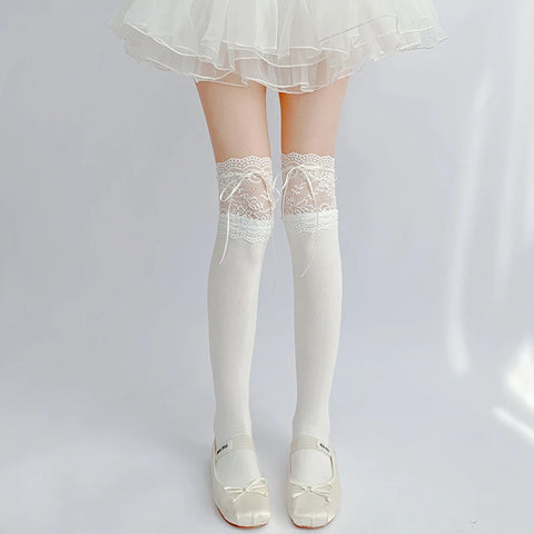Cute White Lace Tied Ribbon Velvet Over Knee Socks for Women
