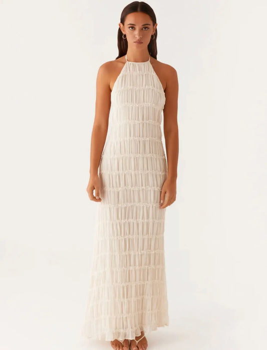 TARUXY Fashion Backless Ruched Long Dress for Women - Halter Lace Up Sexy Ruffle Dress - 2025 Summer Vacation Dress