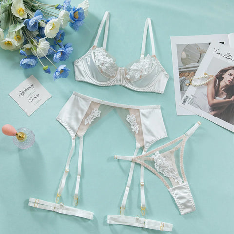 Elegant Floral Lace Brazilian Lingerie Set with Suspenders