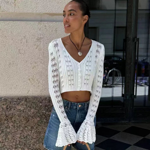 TARUXY Hol gebreide cardigan - Dames effen lange mouwen V-hals korte trui top