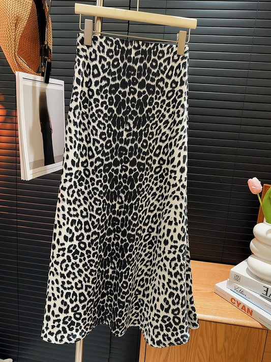 OCEANLOVE Vintage Leopard Satin A-line Skirt - Elegant High Waist Mermaid Style for Spring/Summer