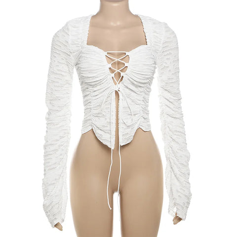 TARUXY Lace Up Hollow Long Sleeve Cardigan - Stijlvolle geplooide T-shirtjas voor dames