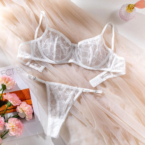 Seamless Lace Embroidery Underwear Set for Women - Romantic See-Through Lingerie