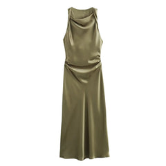 MUJER Satin Ruched Long Dresses
