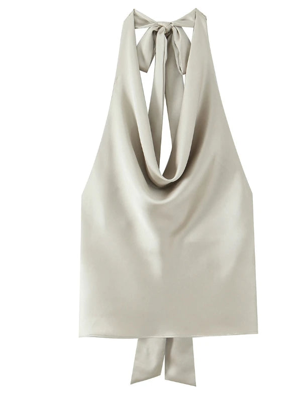 TRAF 2025 Spring Summer Women Fashion Hanging Neck Collar Silk Textured Top