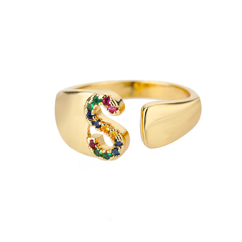 Rainbow Zircon Letter Rings - Stylish A-Z Chunky Wide Stainless Steel Jewelry for Women