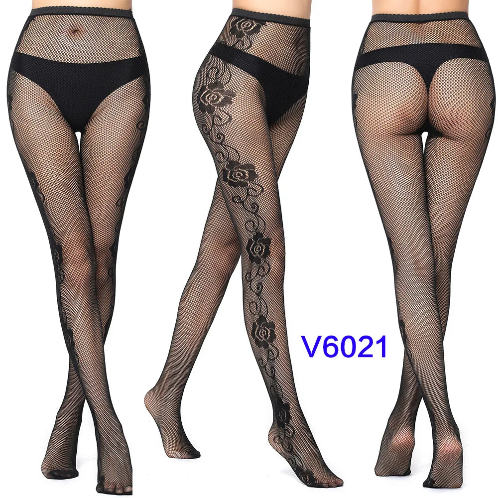 Women's Hollow Jacquard Fishnet Tights - Floral Lace Thigh High Pantyhose