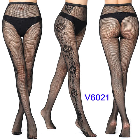 Women's Hollow Jacquard Fishnet Tights - Floral Lace Thigh High Pantyhose