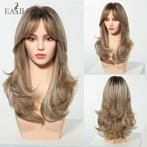 EASIHAIR Long Wavy Brown Synthetic Wig for Women with Side Bangs - Natural Look, Heat Resistant for Daily Wear
