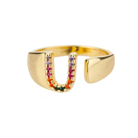 Rainbow Zircon Letter Rings - Stylish A-Z Chunky Wide Stainless Steel Jewelry for Women