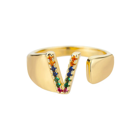 Rainbow Zircon Letter Rings - Stylish A-Z Chunky Wide Stainless Steel Jewelry for Women
