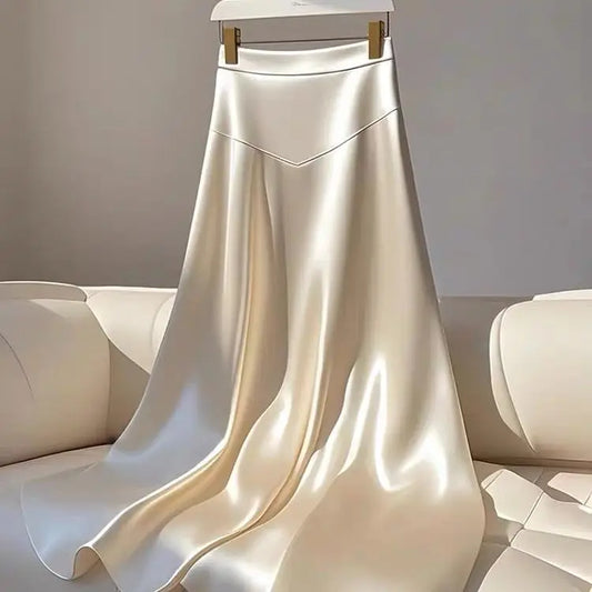 OCEANLOVE White Satin Skirts for Women - A-line French Style Elegant Vintage Long Skirt