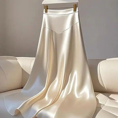 OCEANLOVE White Satin Skirts for Women - A-line French Style Elegant Vintage Long Skirt