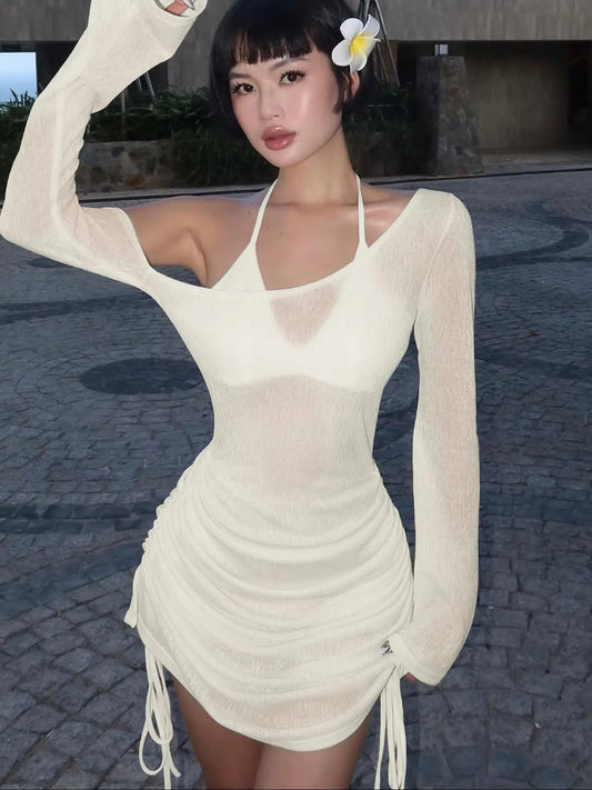 Dulzura Solid Skew Collar Ruched Straps Lace-Up Mini Dress - Summer 2023 Women's Party Clubwear