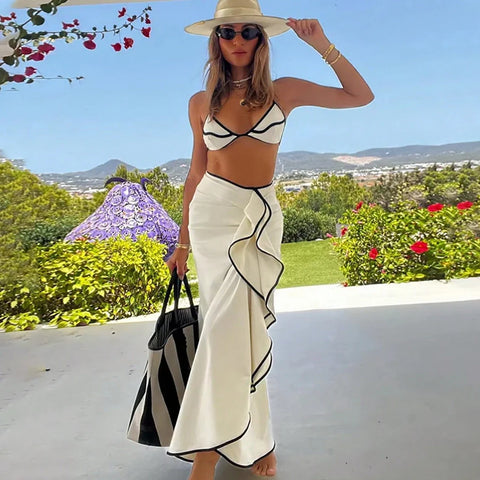 Para Praia Print Driedelige Bikiniset met Lange Rok - Sexy Badpak Strandjurk voor Dames