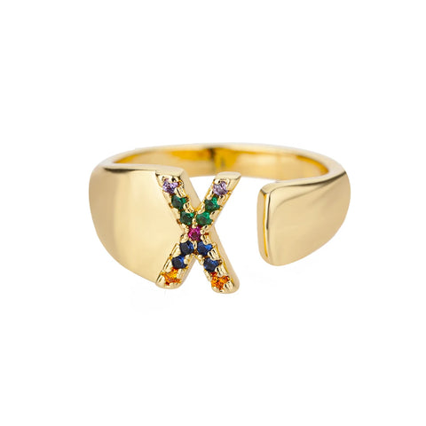 Rainbow Zircon Letter Rings - Stylish A-Z Chunky Wide Stainless Steel Jewelry for Women