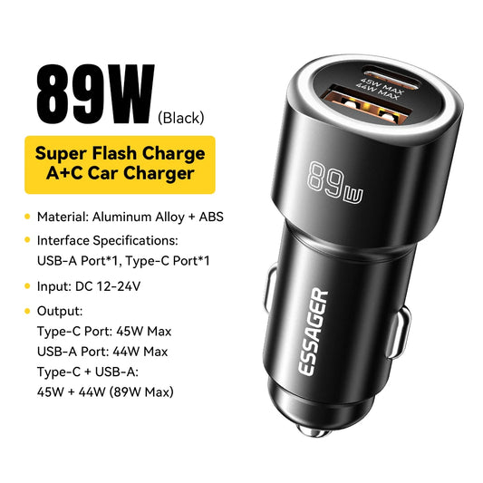 Essager USB C Car Charger 89W - Super Fast PD & QC 3.0 Charging for iPhone 15, Xiaomi, Huawei, OnePlus, Realme