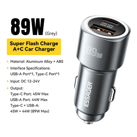 Essager USB C Car Charger 89W - Super Fast PD & QC 3.0 Charging for iPhone 15, Xiaomi, Huawei, OnePlus, Realme