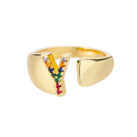 Rainbow Zircon Letter Rings - Stylish A-Z Chunky Wide Stainless Steel Jewelry for Women