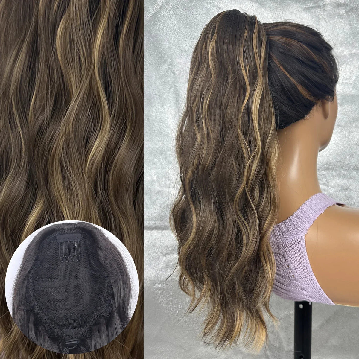 Synthetic Long Wavy Ponytail Hair Extension - 18 Inch Brown Blonde Mix