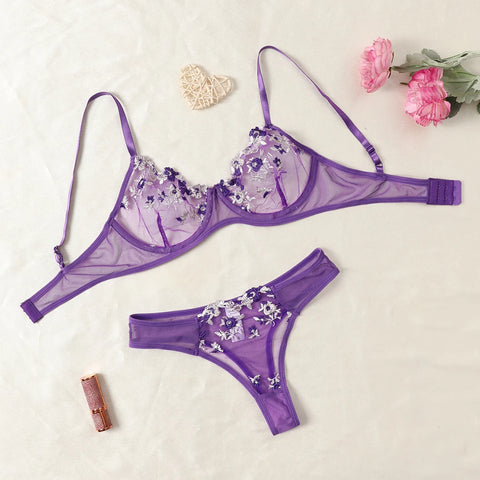 Elegant New Wine See-Through Lingerie Two-Piece Set with Thong and Push-Up Bra