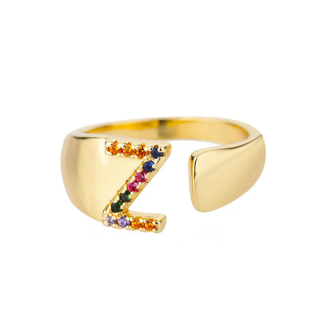 Rainbow Zircon Letter Rings - Stylish A-Z Chunky Wide Stainless Steel Jewelry for Women