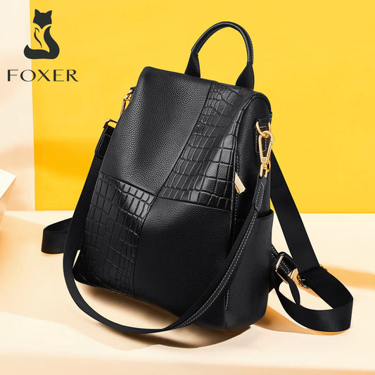 FOXER Women's Large Capacity Backpack - Elegant Travel Rucksack in Soft Split Leather