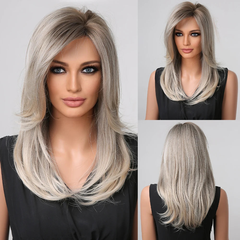 Gray Ash Blonde Pink Highlight Synthetic Hair Wigs with Bangs - Long Straight Ombre Cosplay Wig for Women