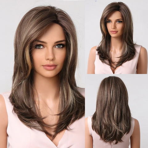 EASIHAIR Ombre Brown Blonde Wigs with Bangs - Layered Heat Resistant Synthetic Wig for Women