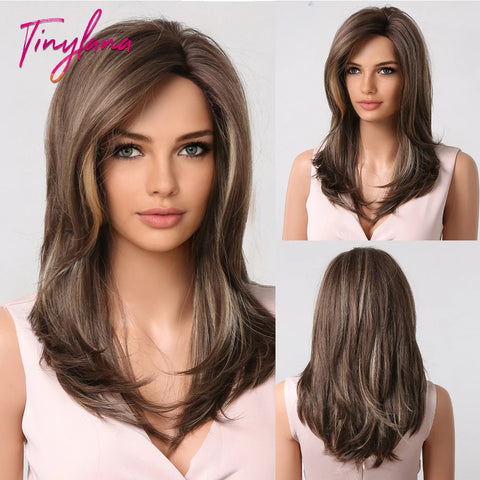 Gray Ash Blonde Pink Highlight Synthetic Hair Wigs with Bangs - Long Straight Ombre Cosplay Wig for Women