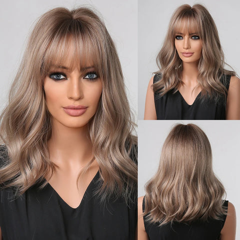 EASIHAIR Ombre Brown Blonde Wigs with Bangs - Layered Heat Resistant Synthetic Wig for Women