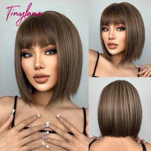 Medium Straight Synthetic Bob Wig Dark Black Brown Short Wigs With Bangs for Women Cosplay Daily Layered Hair Heat Resistant