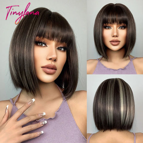 Medium Straight Synthetic Bob Wig Dark Black Brown Short Wigs With Bangs for Women Cosplay Daily Layered Hair Heat Resistant