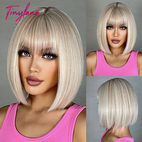 Medium Straight Synthetic Bob Wig Dark Black Brown Short Wigs With Bangs for Women Cosplay Daily Layered Hair Heat Resistant