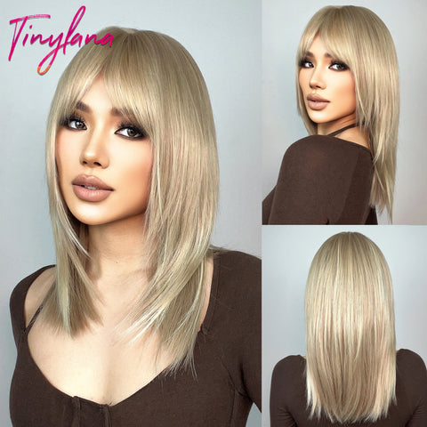 Medium Straight Synthetic Bob Wig Dark Black Brown Short Wigs With Bangs for Women Cosplay Daily Layered Hair Heat Resistant