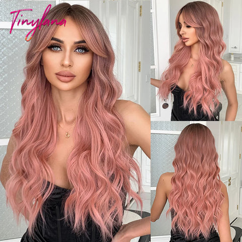 Light Pink Long Wavy Cosplay Synthetic Hair Wig with Bangs - Perfect for Halloween and Daily Wear